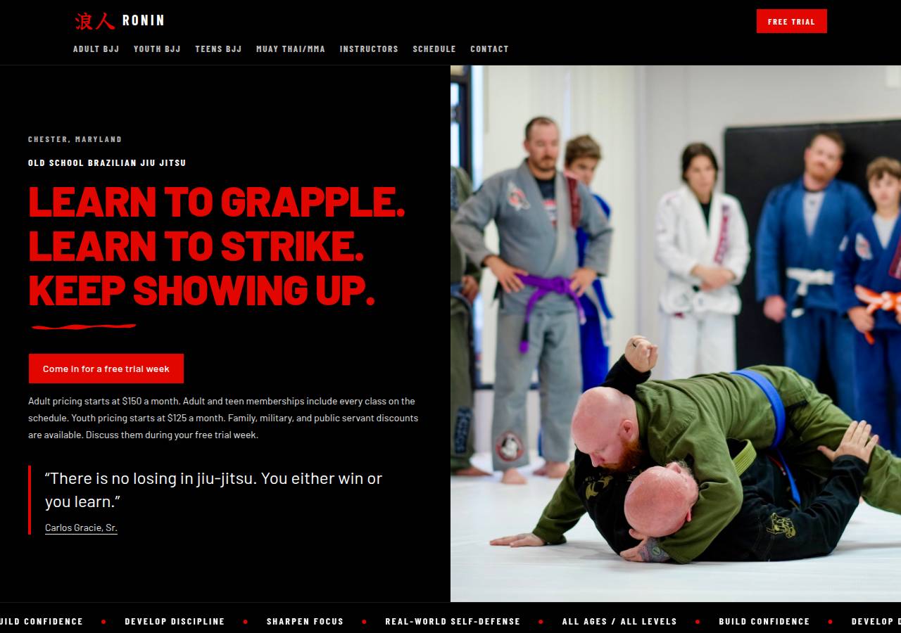 Screenshot of the ronin-bjj.com homepage with the headline Learn to grapple. Learn to strike. Keep showing up.