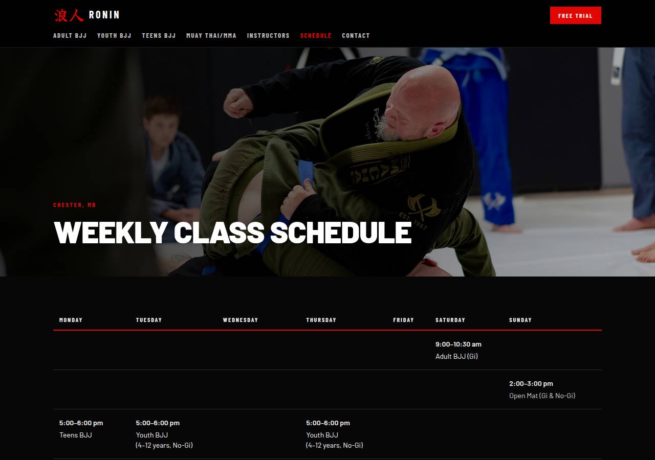 Screenshot of the Ronin BJJ weekly class schedule page, with days of the week and class times.